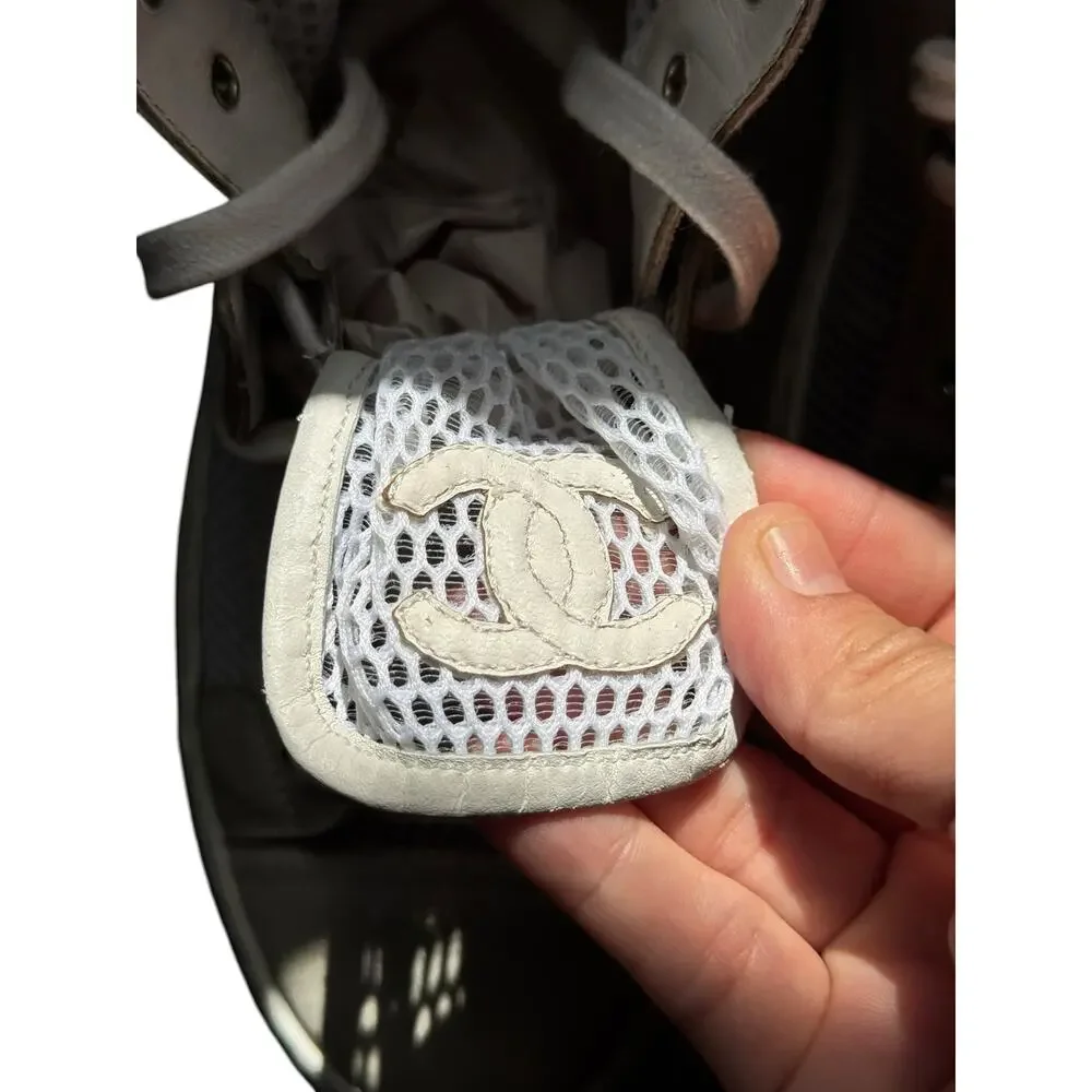 Chanel CC Logo White Mesh Suede High Top Sneakers Made in Italy